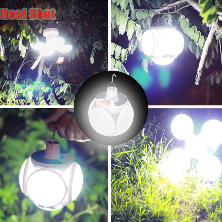 Solar-Campinglampe im Einsatz, beleuchtet ein Zelt. Robuste, wasserdichte LED-Laterne für Outdoor-Abenteuer.