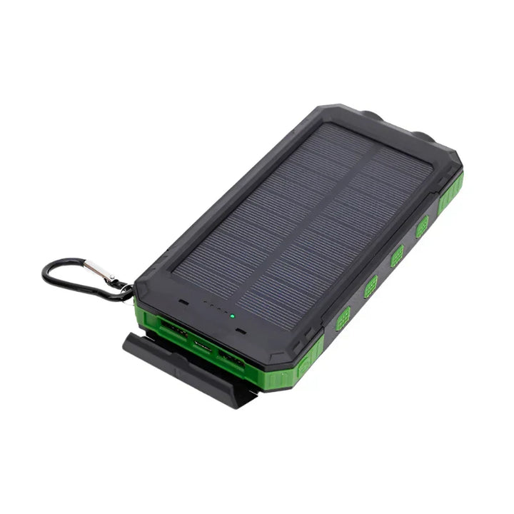 Wasserdichte Solar Powerbank, ideal für Camping, Wandern & Notfälle, mit starker LED-Taschenlampe.