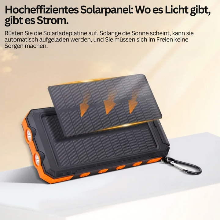 Kompakte Solar Powerbank mit Karabiner für Rucksack. Ideal für Camping, Wandern und Notfall-Aufladung.
