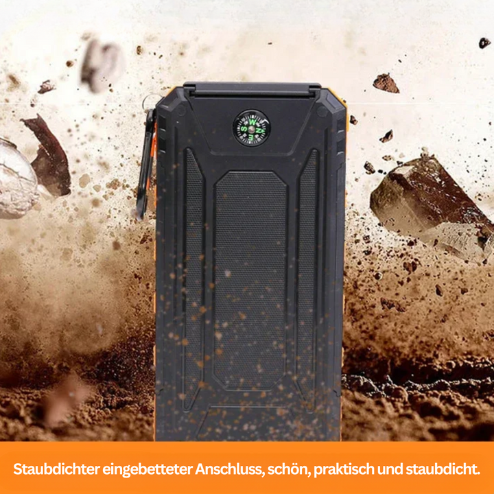 Robuste Solar Powerbank mit mehreren USB-Anschlüssen & heller LED-Taschenlampe für Reisen & Outdoor.
