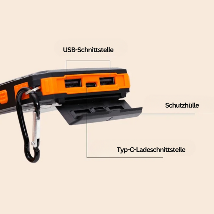 Moderne Solar Powerbank, wetterfest & stossfest, mit Schnellladung und heller Taschenlampe.