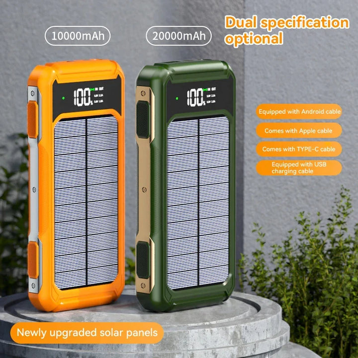 Robuste Outdoor Powerbank mit Solarpanel, Schnellladung & hellem LED Licht. Perfekt für Camping & Notfall.