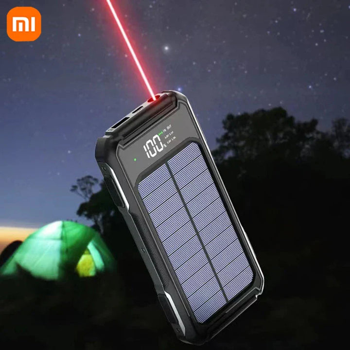 Schnelle Solar Powerbank lädt iPhone & Samsung. Externer Akku mit USB-C für Reise, Camping & Notfall. LED Licht.