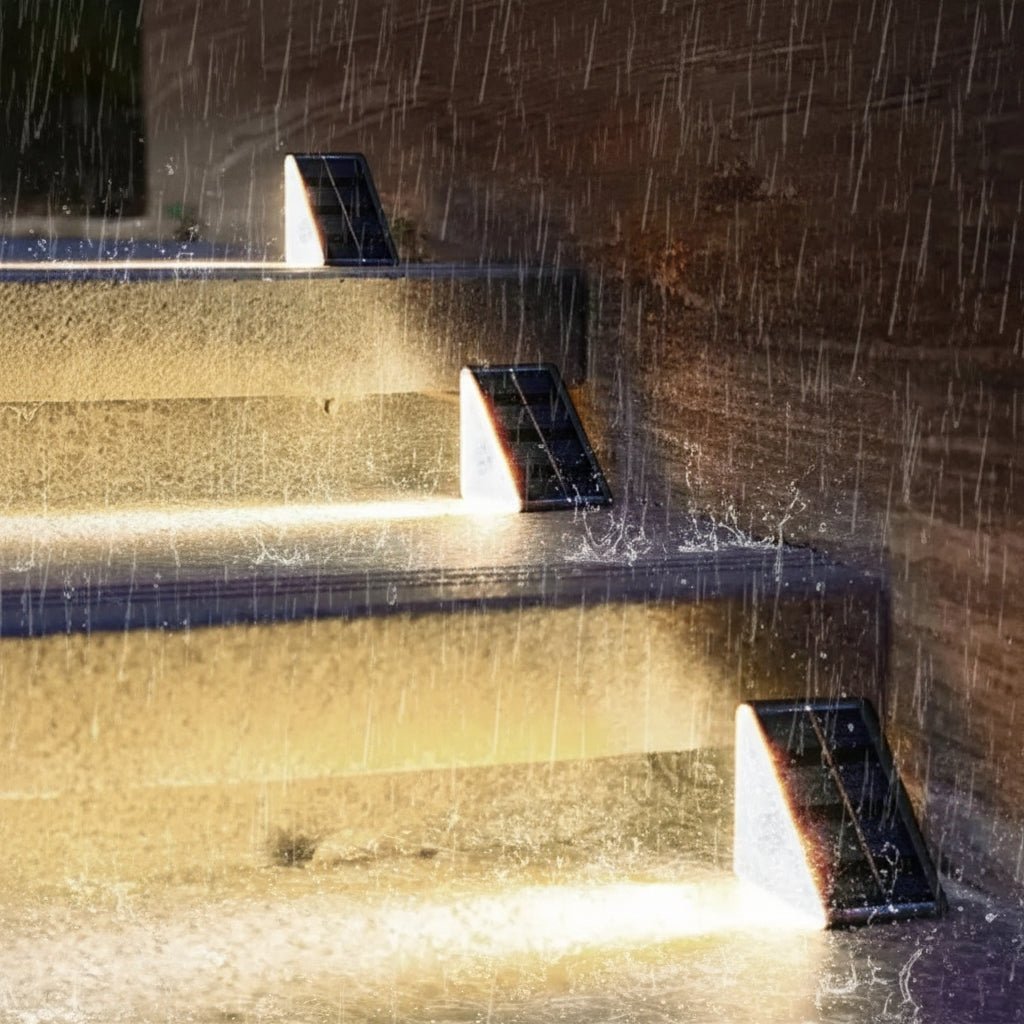Detailansicht einer robusten Solar-Stufenleuchte, LED-Technologie für helle und sichere Terrassenbeleuchtung.
