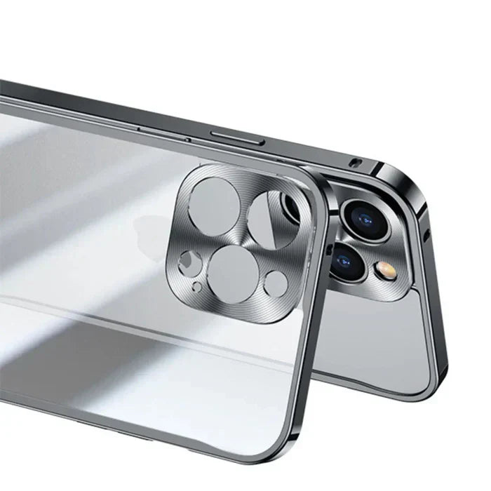 Transparente iPhone 15 Handyhülle mit stoßfestem Metallrahmen und MagSafe Kompatibilität. Starker Schutz.