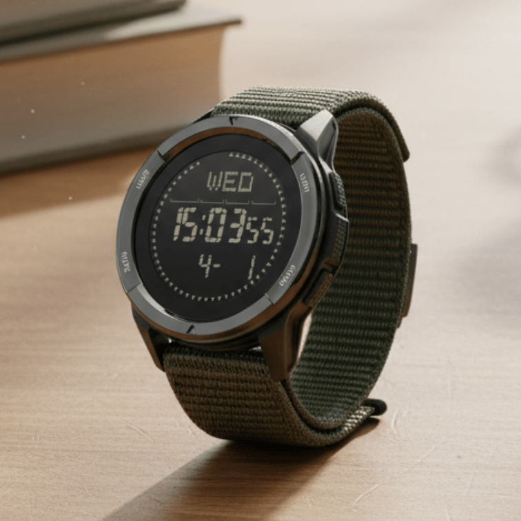 Robuste Unisex Sportuhr mit schwarzem Carbon-Design und digitaler Anzeige, perfekt für Outdoor-Abenteuer & Fitness.