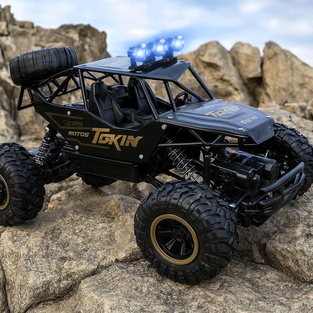 Detaillierte Ansicht des BEASTTREK X4 RC Monstertrucks, große Reifen und robuste Federung.