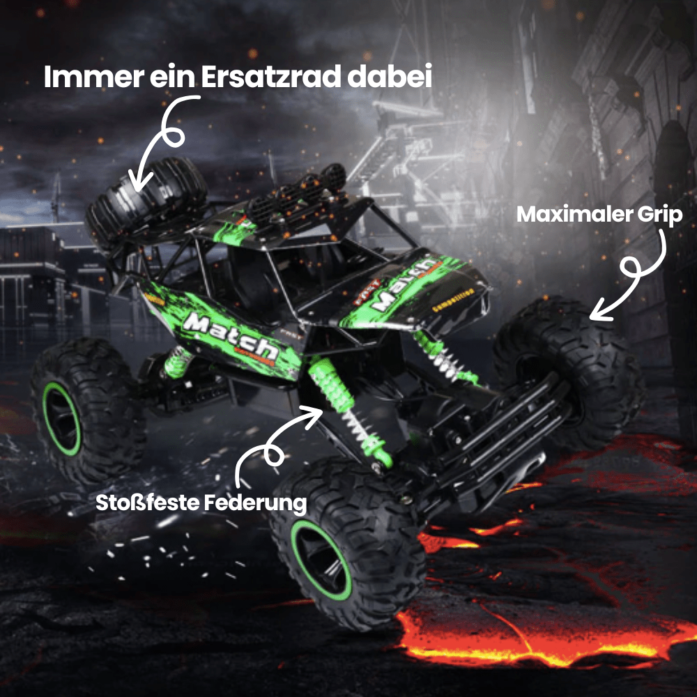 Der BEASTTREK X4 RC Geländewagen bezwingt ein Hindernis, zeigt seine 4x4-Fähigkeiten und Robustheit.