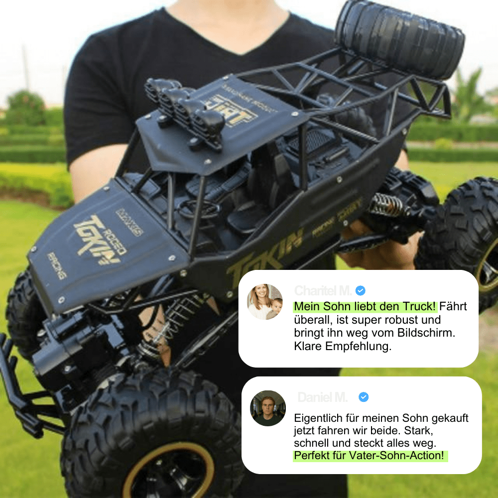 Seitenansicht des BEASTTREK X4 4x4 RC Monstertrucks, zeigt robustes Design und große Räder.