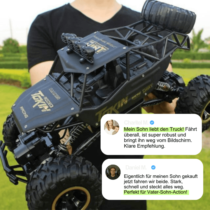 Seitenansicht des BEASTTREK X4 4x4 RC Monstertrucks, zeigt robustes Design und große Räder.