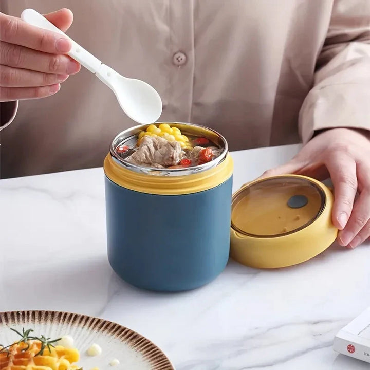 Auslaufsicherer Thermobehälter aus Edelstahl. Hält Mahlzeiten warm, ideal für Picknick, Büro und Schule.