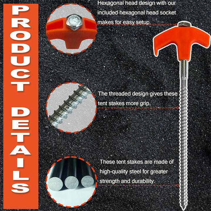 Set robuster Einschraub-Zeltheringe aus Stahl, perfekt als Bodenanker für sicheren Halt beim Camping & Outdoor-Abenteuer.