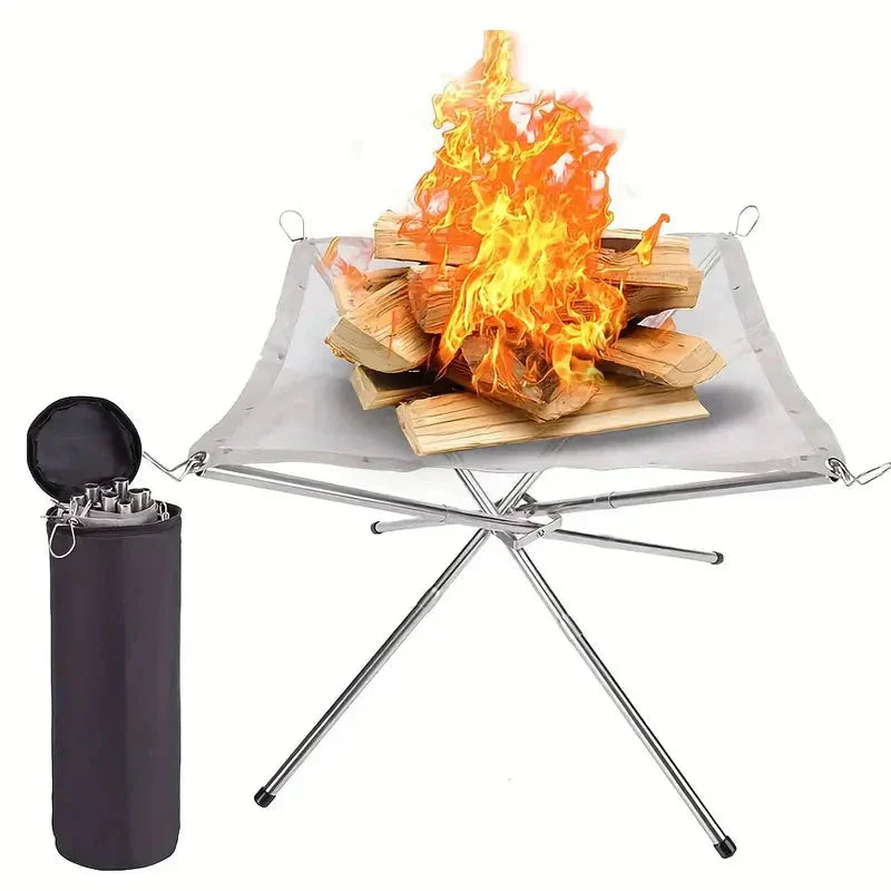 Robuster, faltbarer Lagerfeuerständer aus Edelstahl für Camping & Outdoor-Abenteuer. Ideal für Grillen & Terrassenfeuer.