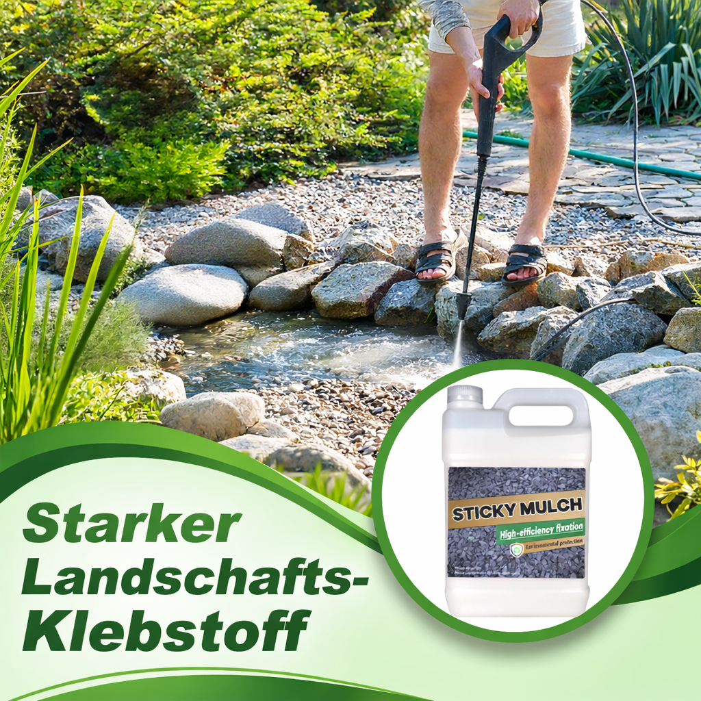 Robuster Gartenkleber für Mulch und Kies in Flasche; fixiert Dekorationen und Bodenmaterial dauerhaft im Außenbereich.