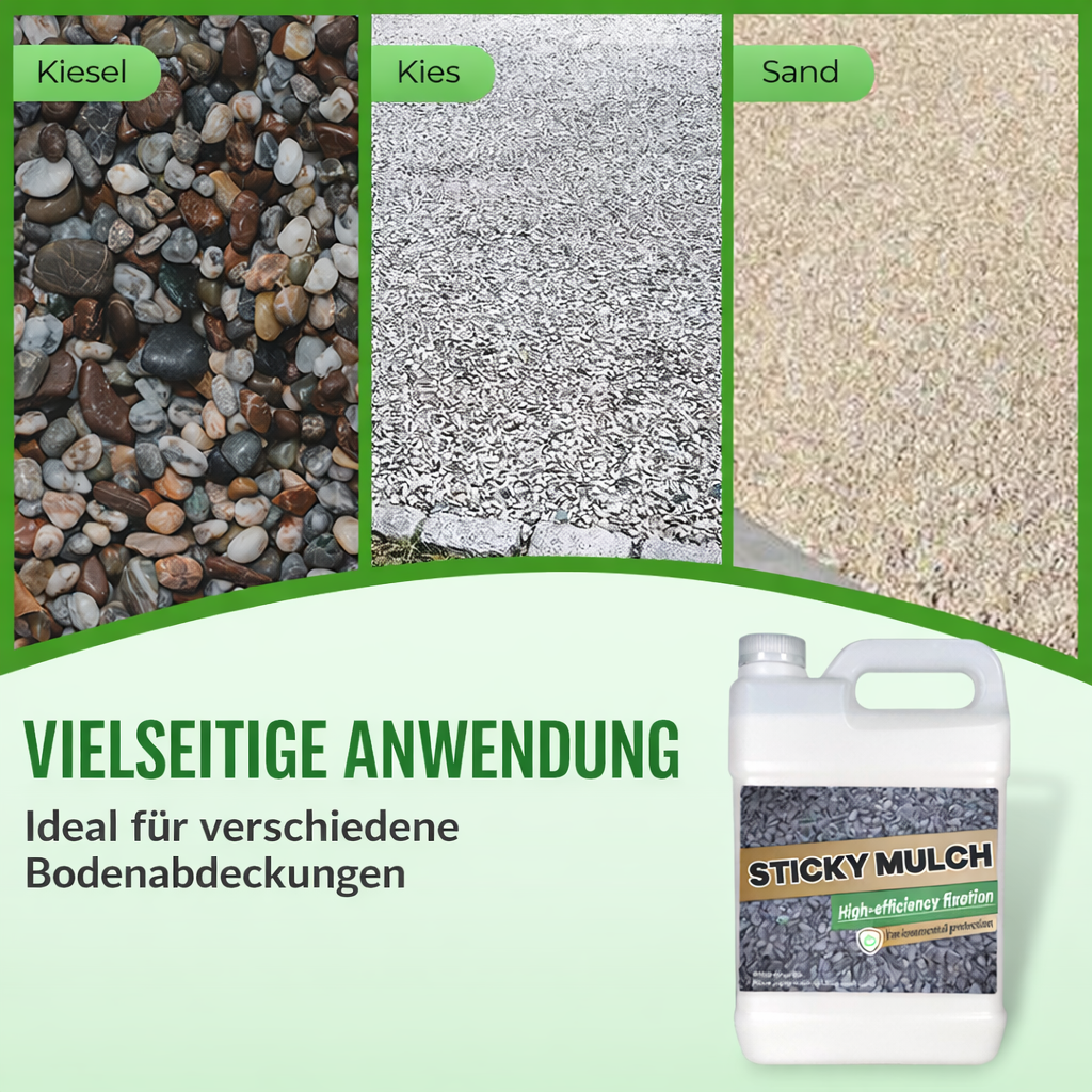 Fest fixierter Mulch in einem Gartenbeet dank speziellem Gartenkleber; verhindert Windverwehung und Unkrautwuchs, langlebig.
