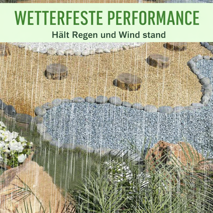 Wetterfester Gartenkleber hält Mulch und Kies stabil unter Regen und Sonne; perfekte Bodenfixierung für langlebige Außenbereiche.
