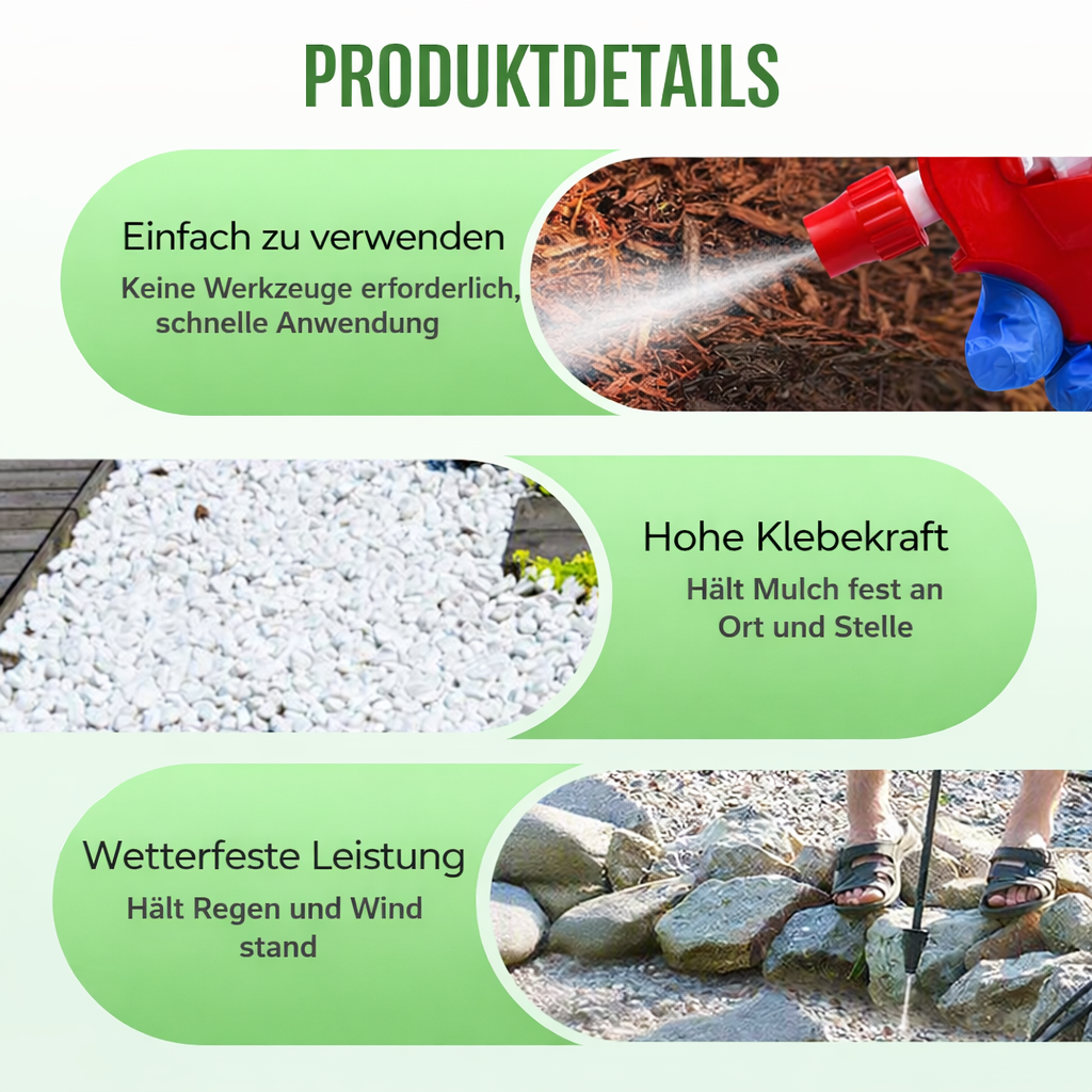 Person wendet Gartenkleber auf Kies an; einfache Fixierung für Mulch & Kies, für dauerhafte Stabilität und ansprechende Gartendeko.