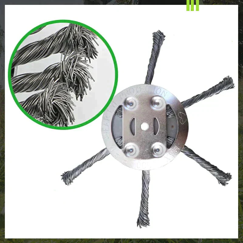 Robuster Grasschneidekopf aus Stahldraht für effiziente Unkrautentfernung und intensive Rasenpflege.