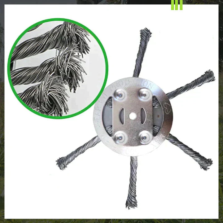 Robuster Grasschneidekopf aus Stahldraht für effiziente Unkrautentfernung und intensive Rasenpflege.