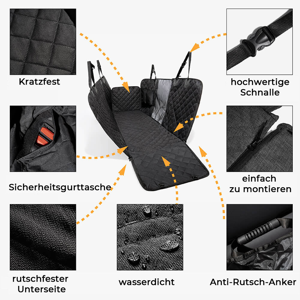Tierfreundlicher Rücksitzschutz für Hunde. Robuster, wasserdichter Bezug für saubere Autofahrten & sichere Reisen.