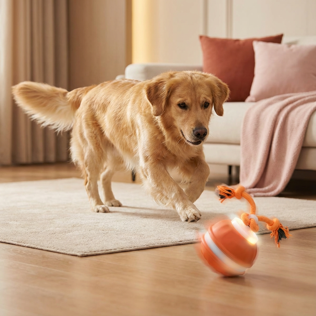 Robuster Hundespielball mit Bewegungssensor und Zugseil für interaktive Beschäftigung und Training.