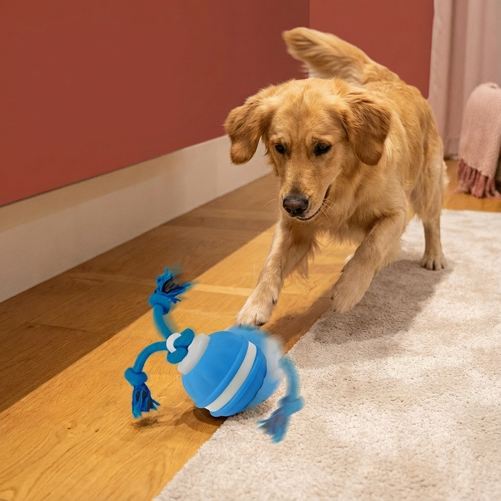 Interaktiver Hundespielball mit Bewegungssensor & Zugseil. Ideal für Spiel & Auslastung. Robustes Hundespielzeug.