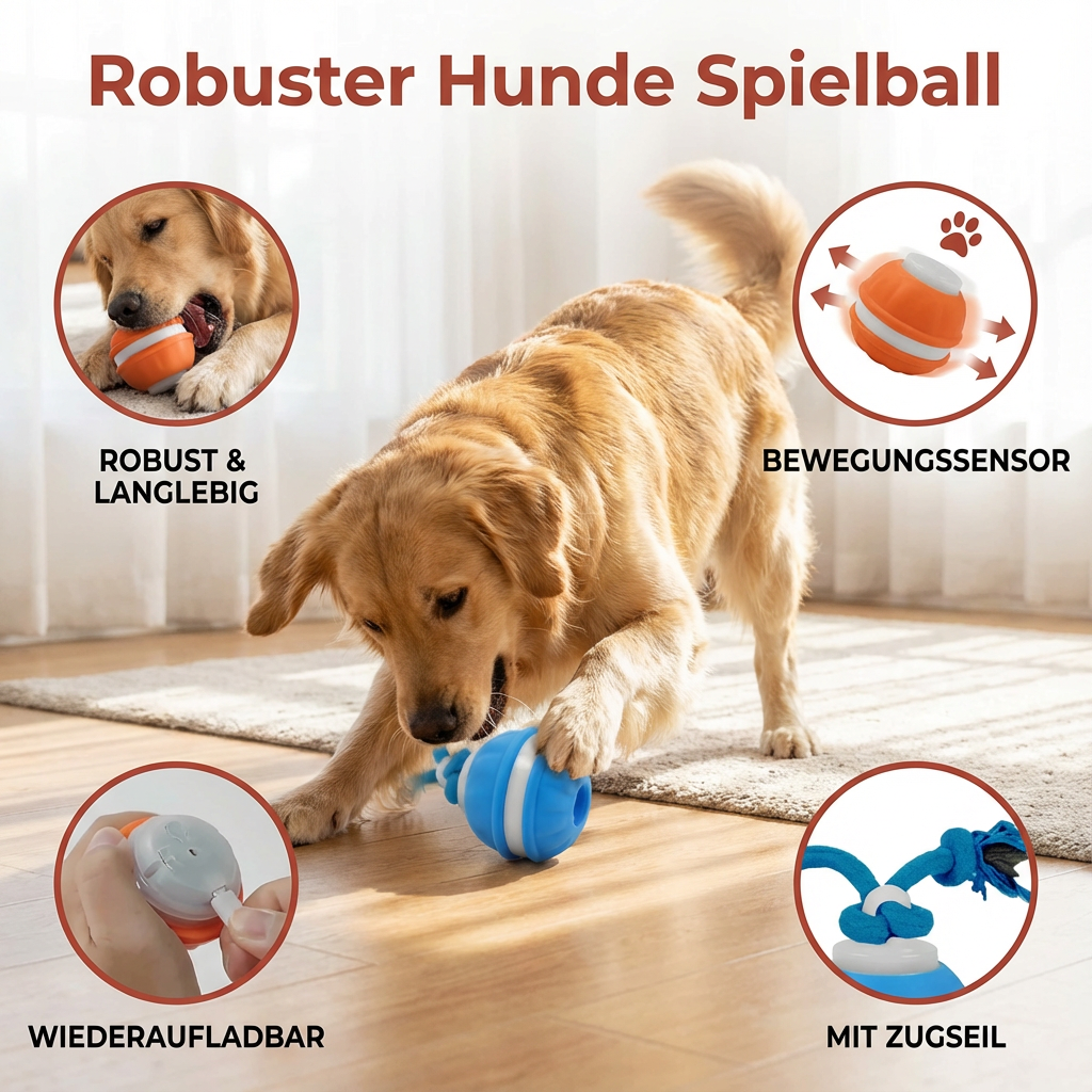 Robuster Spielball für Hunde & Welpen mit Zugseil und Bewegungssensor. Langlebiges interaktives Hundespielzeug.