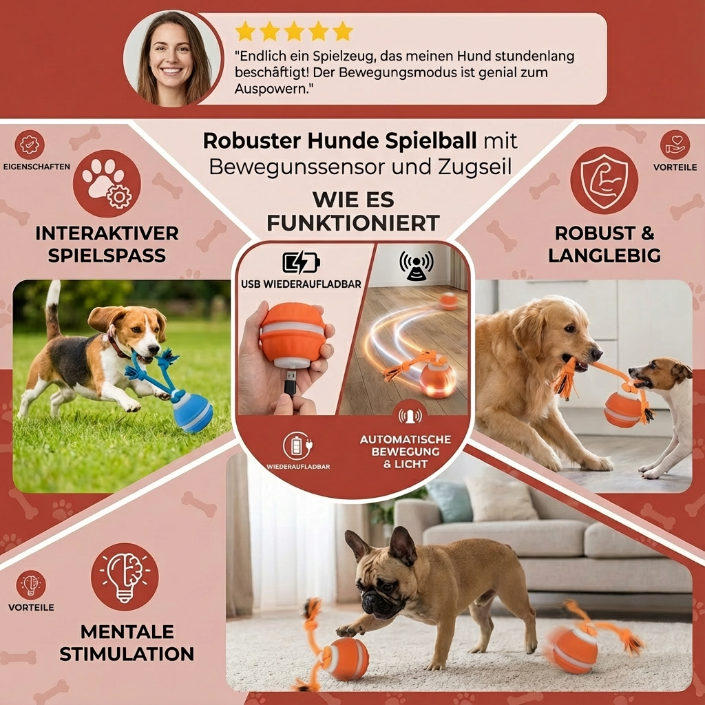 Hundespielball mit Bewegungssensor & Zugseil fördert Auslastung. Perfektes interaktives Hundespielzeug für Training.