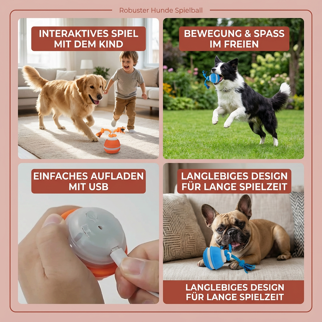 Robuster Hundespielball mit Bewegungssensor & festem Zugseil. Ideal für spielerische Beschäftigung und Spaß beim Hund.