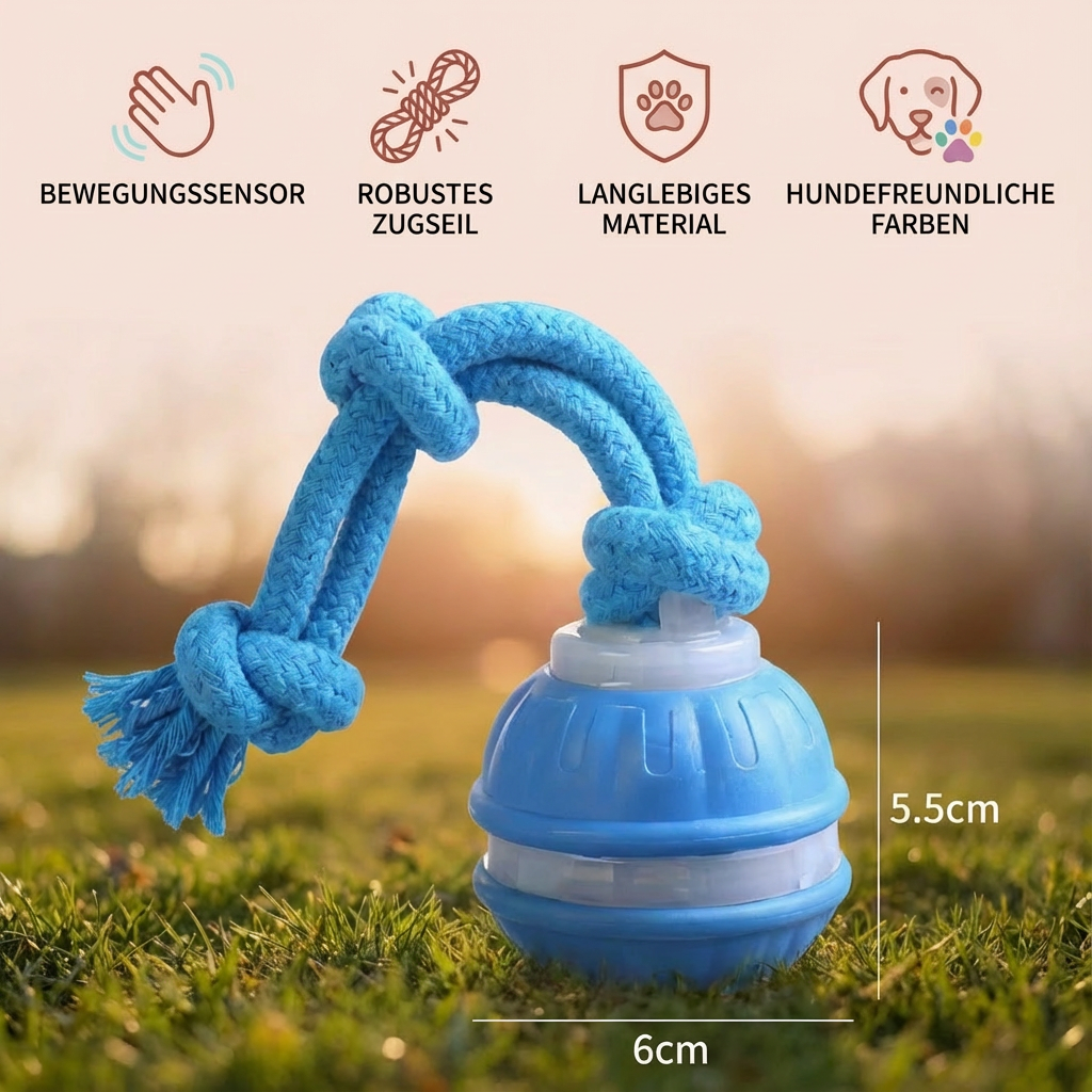 Langlebiger Hundespielball mit Bewegungssensor und Zugseil. Interaktives Hundespielzeug zur geistigen & körperlichen Auslastung.