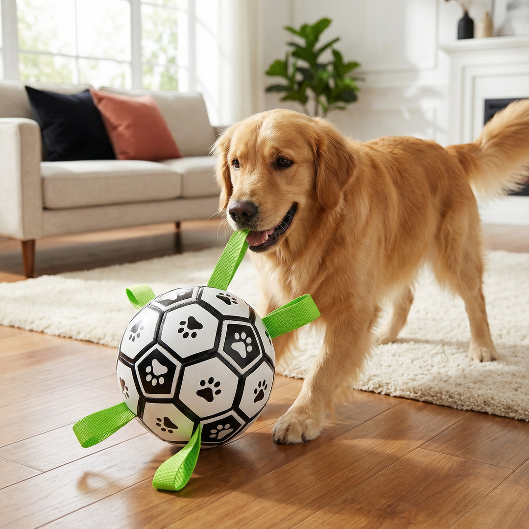 Robuster Hundespielball mit Zuggriffen für interaktives Spielen und Apportieren im Garten oder Park.