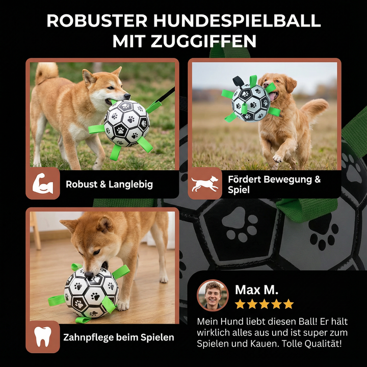 Schwimmfähiger Hundespielball mit Zuggriffen, ideal für den Wasserspaß und robustes Landspiel.