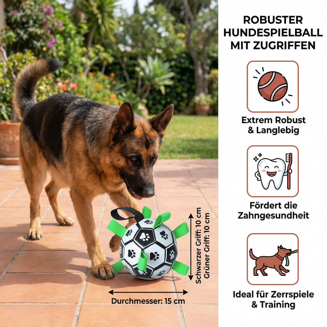 Interaktiver Hundespielball, robust und schwimmfähig, mit Zuggriffen für vielseitiges Hundespielzeug.