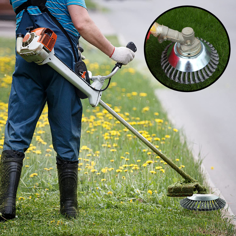 Vielseitige Unkrautbürste als Trimmeraufsatz; mühelose Unkrautentfernung und Gartenpflege mit Ihrem Freischneider.