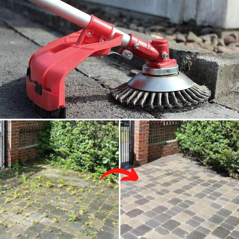 Stahl-Unkrautbürste als Aufsatz für Trimmer; entfernt Unkraut mühelos und gründlich, ein Must-have Gartenwerkzeug.