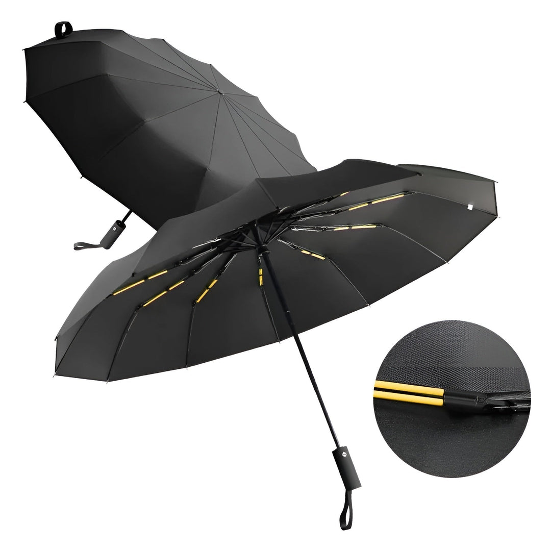 Schwarzer StormShield UV-Schutz-Regenschirm, automatisch öffnend, schützt zuverlässig vor Sonne & Regen für Damen & Herren.