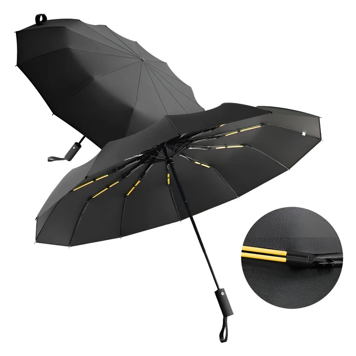 Schwarzer StormShield UV-Schutz-Regenschirm, automatisch öffnend, schützt zuverlässig vor Sonne & Regen für Damen & Herren.