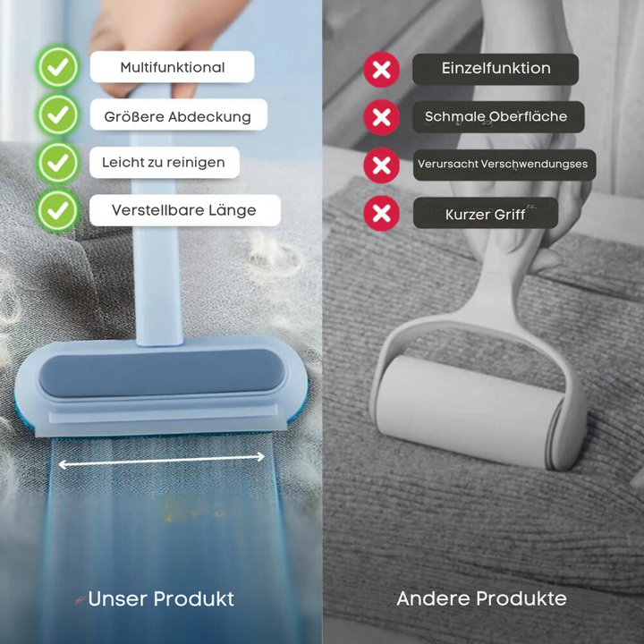 Tierhaarentferner reinigt Teppiche und Böden. Macht Oberflächen effektiv haarfrei von Tierhaaren & Fusseln.