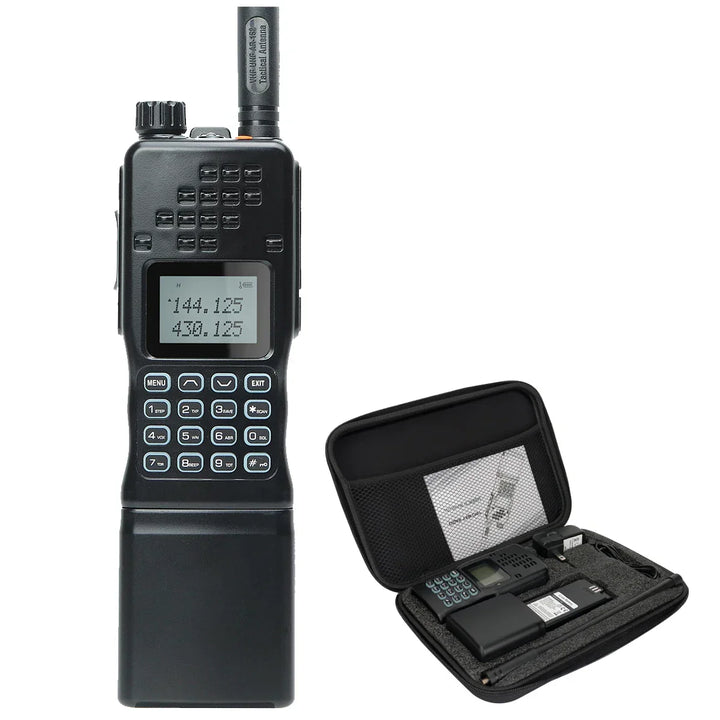 Robustes CommGuard Dual-Band-Walkie-Talkie mit externer Antenne, ideal für weitreichende Kommunikation.