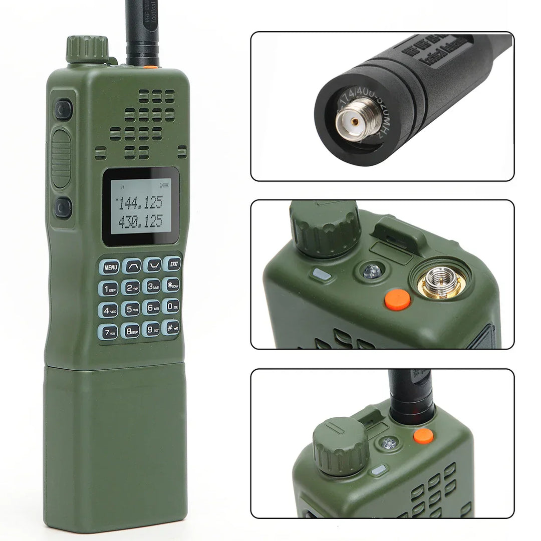 Nahaufnahme des robusten CommGuard Dual-Band-Walkie-Talkies mit großem Display und Funktionstasten.