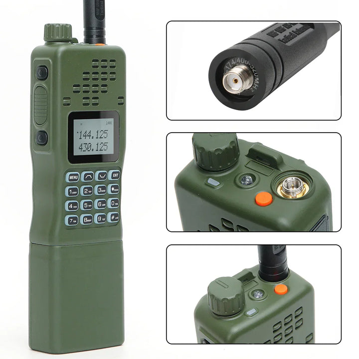 Nahaufnahme des robusten CommGuard Dual-Band-Walkie-Talkies mit großem Display und Funktionstasten.