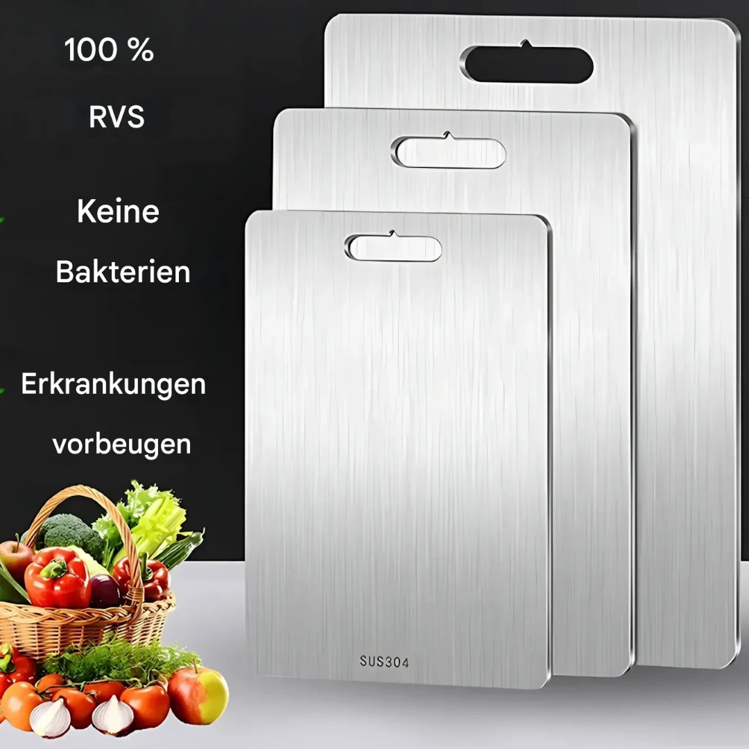 Langlebiges, antibakterielles Edelstahl-Schneidebrett für hygienische Küchenprozesse.