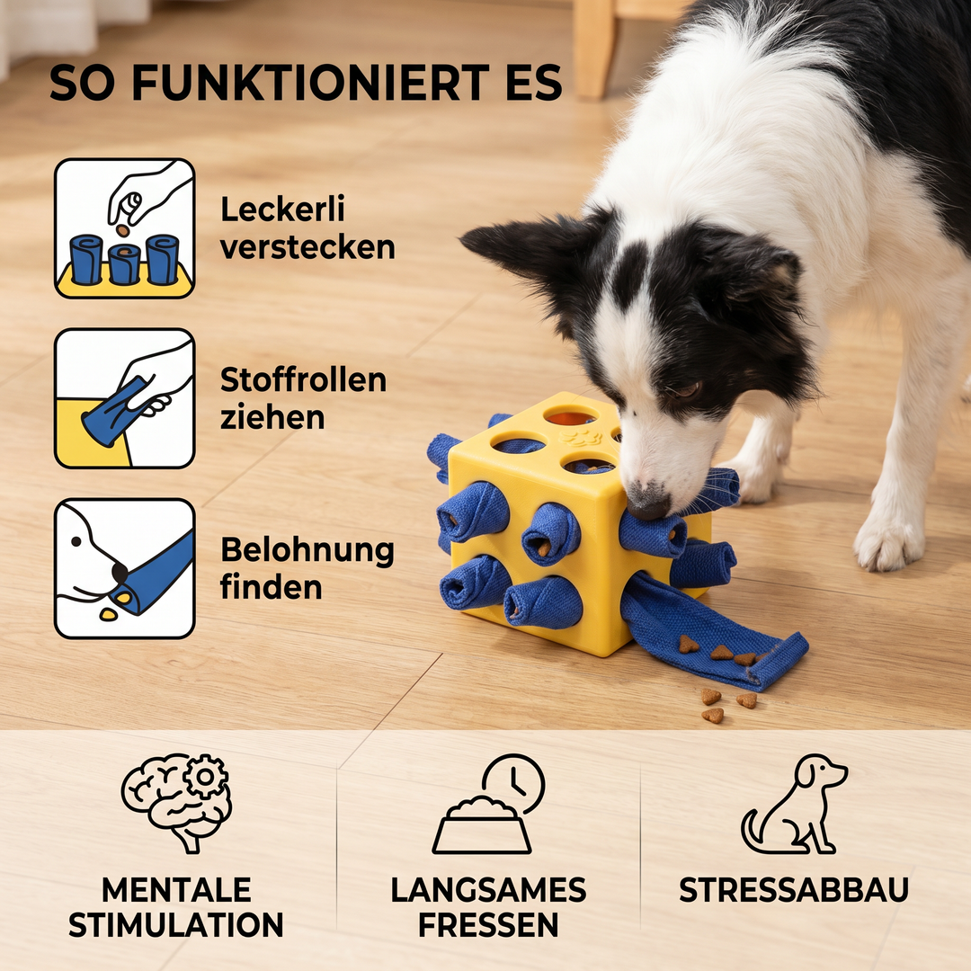 Hund genießt das Anti-Langeweile Schnüffelspielzeug – ein robustes Intelligenzspielzeug zur mentalen Förderung.