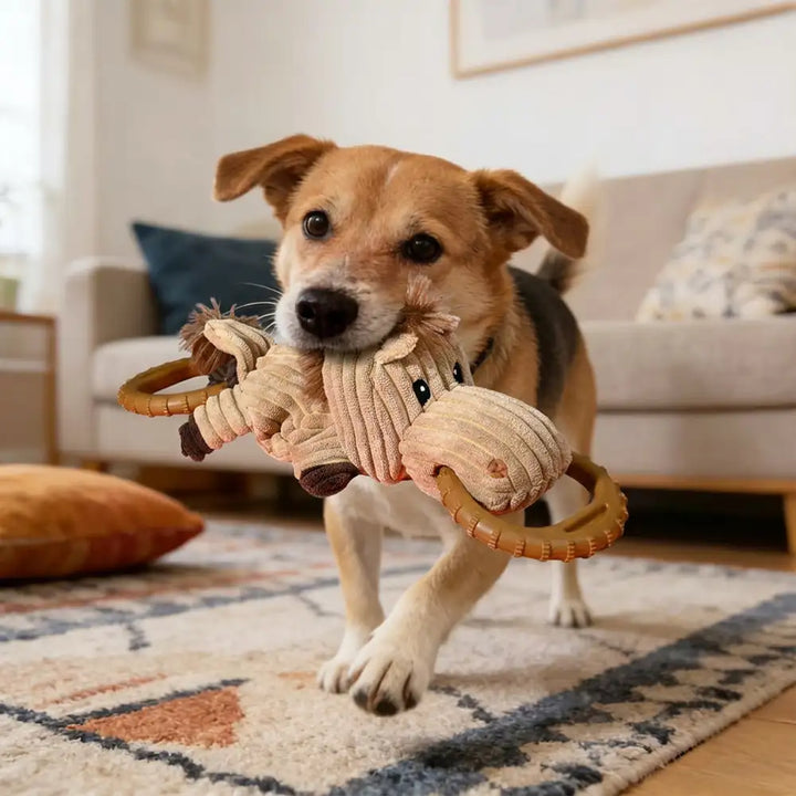 Plüsch-Kauspielzeug in Pferdeform für Hunde, robust und interaktiv, fördert Zahnpflege beim Spielen.