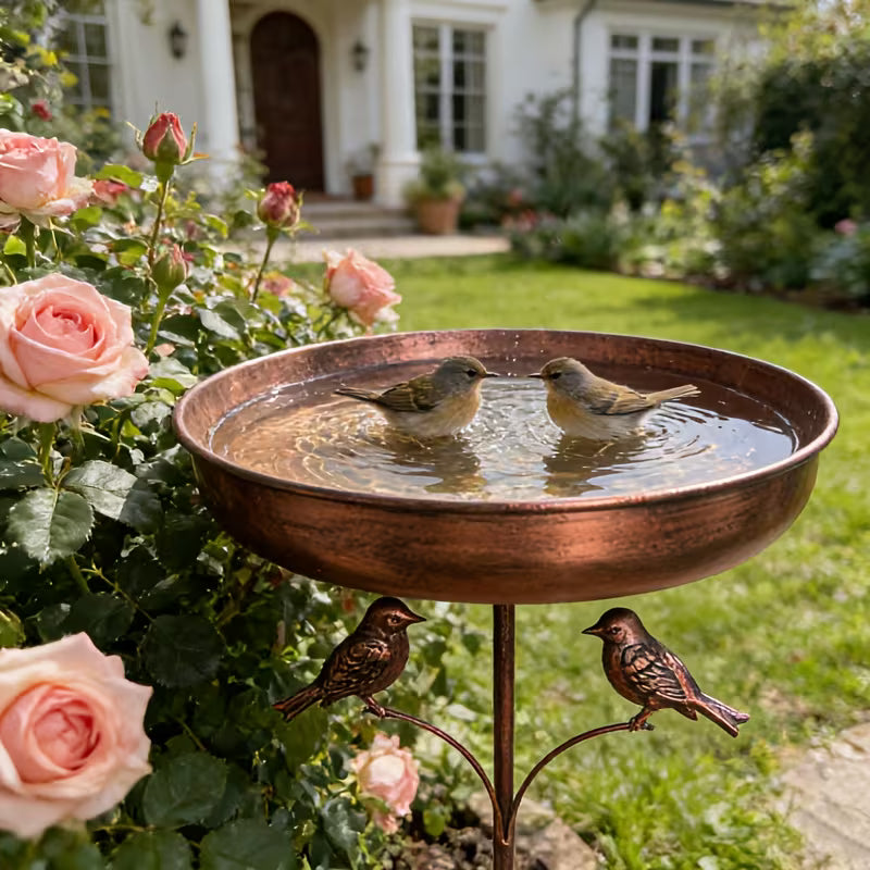 Vogelbad aus Metall mit Ständer, ideal als Wasserschale & stilvolle Gartendekoration für Wildvögel.