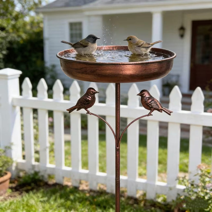 Detailaufnahme des stabilen Metall-Vogelbads mit Ständer, eine tierfreundliche Wasserquelle im Garten.