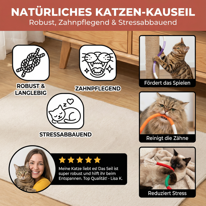 Robustes Naturfaser-Kauseil für Katzen, fördert Zahnpflege und hilft beim Stressabbau.