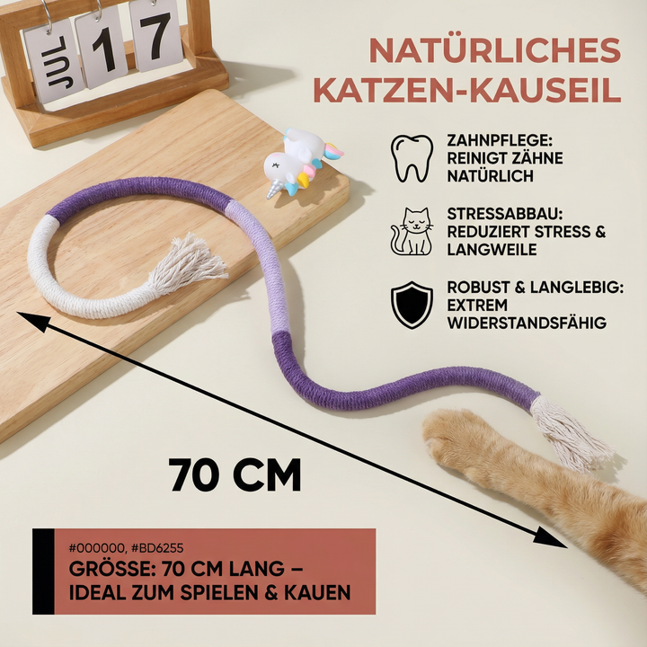 Buntes Katzen-Kauseil Set (grün, orange) aus Naturfaser, robustes Kauspielzeug zur Zahnpflege.