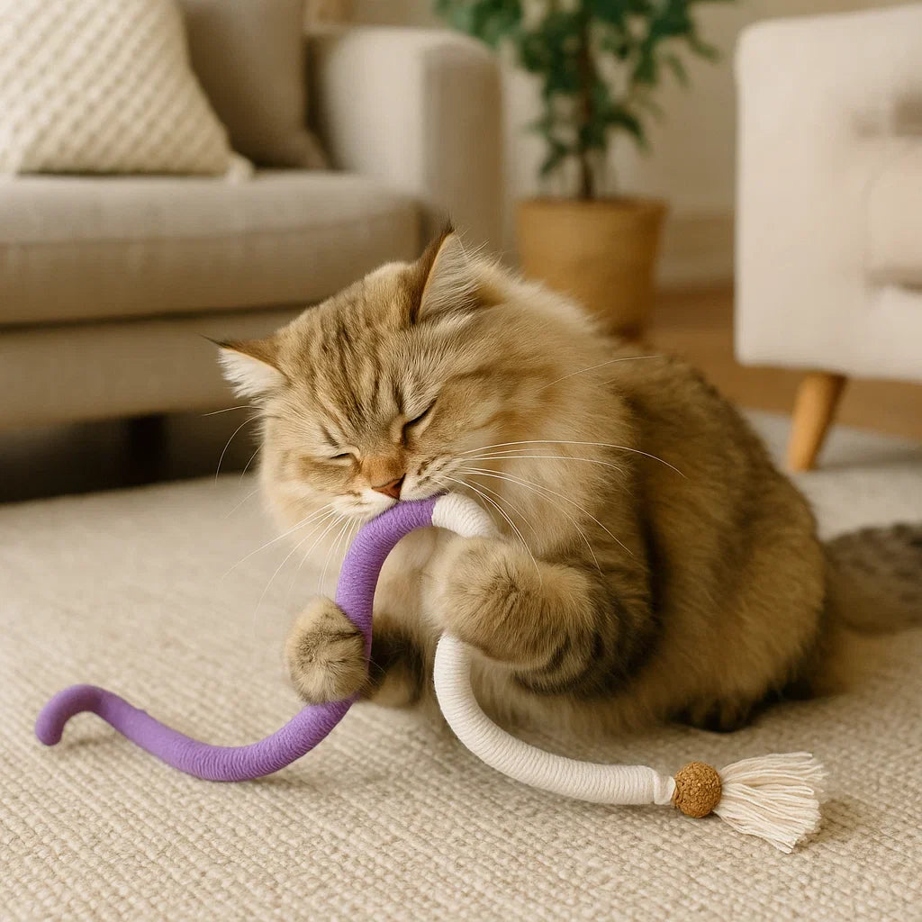 Nahaufnahme: Robustes, natürliches Katzen-Kauseil (violett), zahnpflegend & stressabbauend. Katzenspielzeug.