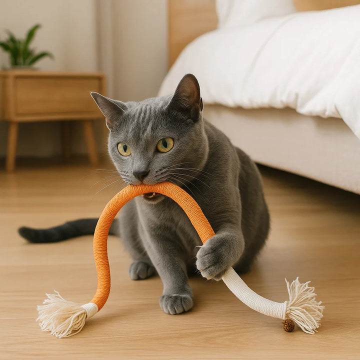 Glückliche Katze kaut auf robustem Naturfaser-Kauseil (rot), fördert Zahnpflege & Stressabbau.